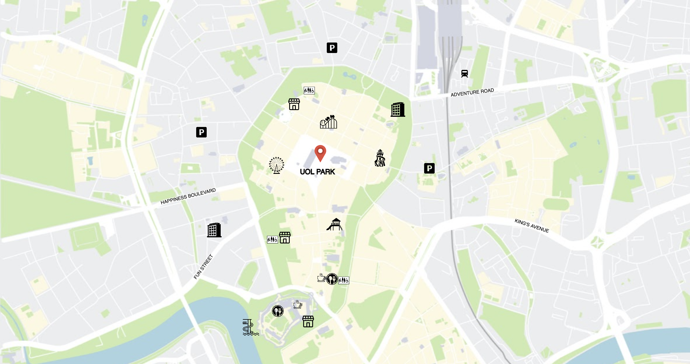 A map depicting the location of UOL park and its proximity to major roads and landmarks